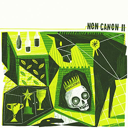 Green and white album cover with skull, bottles, and geometric shapes.