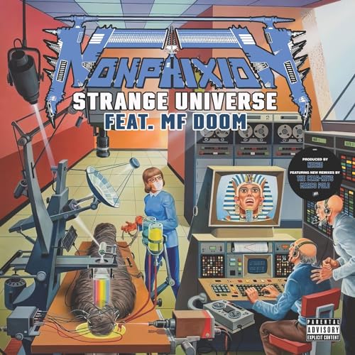 Album cover for Non Phixion’s “Strange Universe” featuring MF Doom, illustrated scene.