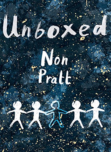 Book cover: "Unboxed" by Non Pratt, with stick figures holding hands.