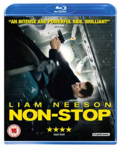 Blu-ray cover of Non-Stop featuring Liam Neeson holding a gun inside an airplane.