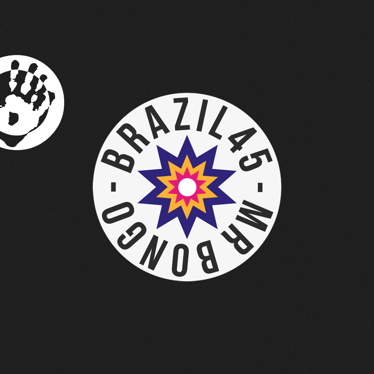 Vinyl record label with a colorful starburst and handprint graphic.