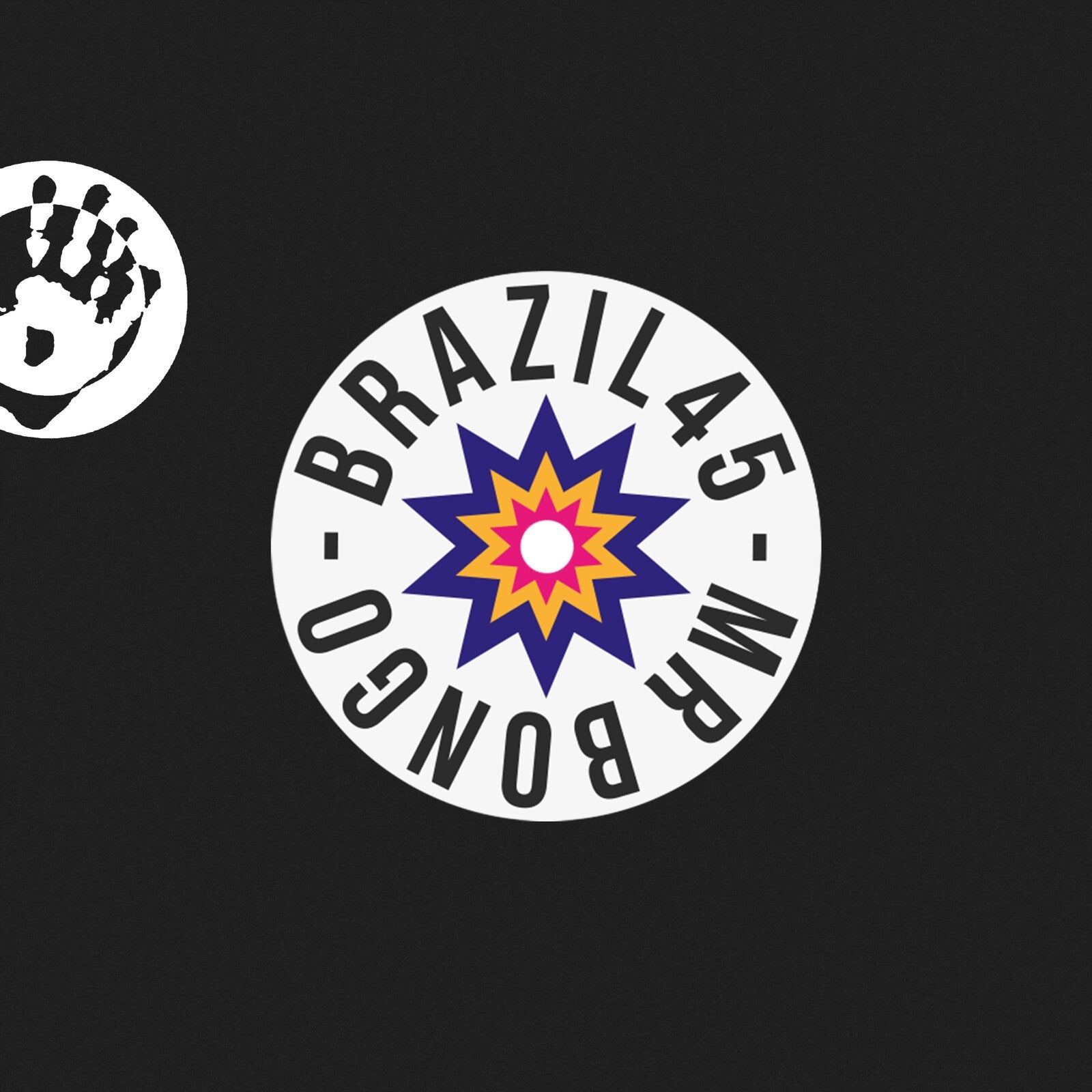 Vinyl record label with a colorful starburst and handprint graphic.