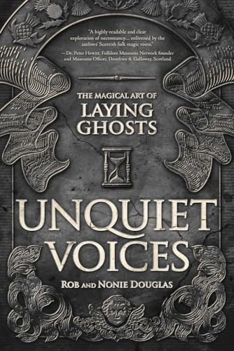 Book cover with ornate silver designs, hourglass, and title “Unquiet Voices.”