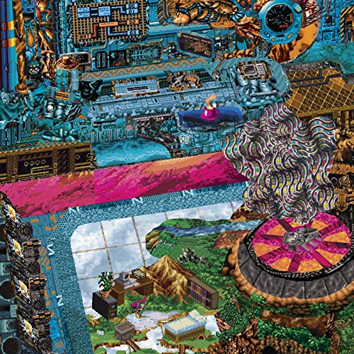 The image shows a vinyl record cover with a futuristic, surreal illustration. Alt text: "Vinyl record cover with futuristic, surreal landscape and abstract elements."