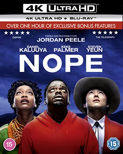 “Nope” 4K Ultra HD Blu-ray cover featuring Daniel Kaluuya, Keke Palmer, and Steven Yeun.