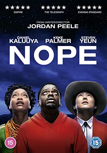 DVD cover for "Nope" featuring Daniel Kaluuya, Keke Palmer, and Steven Yeun.