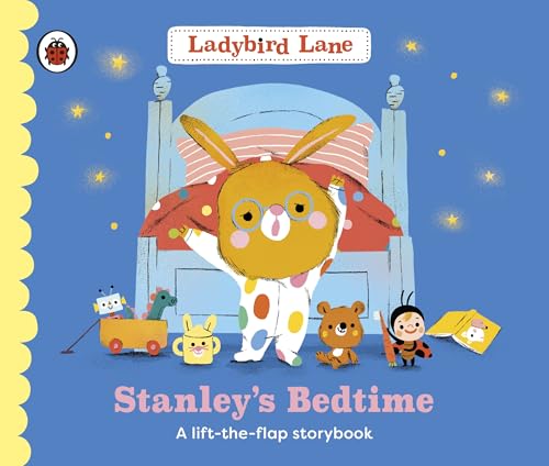 Rabbit in pajamas stands before a bed with toy friends.