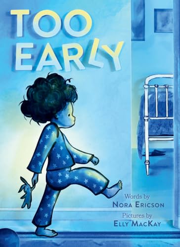 A child in star-patterned pajamas walks past a bed in this blue-toned illustration.