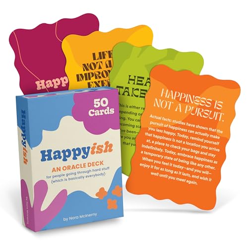 Colorful oracle card deck titled "Happyish" with text about happiness.