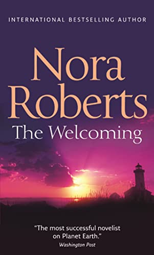 Book cover: "The Welcoming" by Nora Roberts, with sunset and lighthouse.