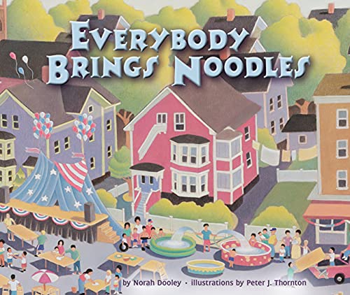 Children’s book cover depicting a colorful town and neighborhood gathering.