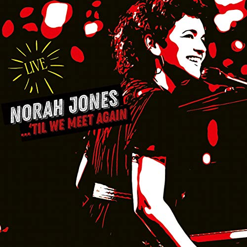 Stylized red, black, and white illustration of Norah Jones performing live at a piano.