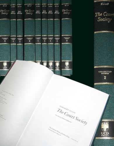 Green hardcover books titled "The Court Society" are stacked and open.
