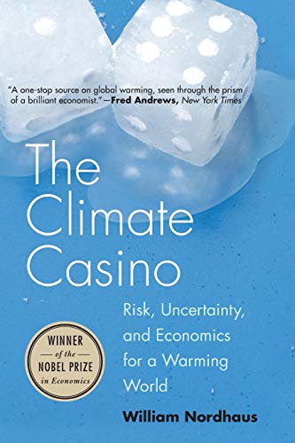 Book cover: “The Climate Casino” with ice dice and blue background.
