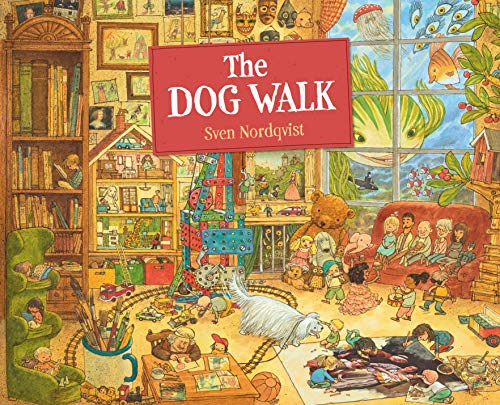 A detailed illustration of a room filled with children, toys, and a white dog.
