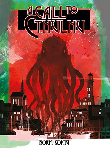 Book cover: red Cthulhu looming over a dark coastal town.