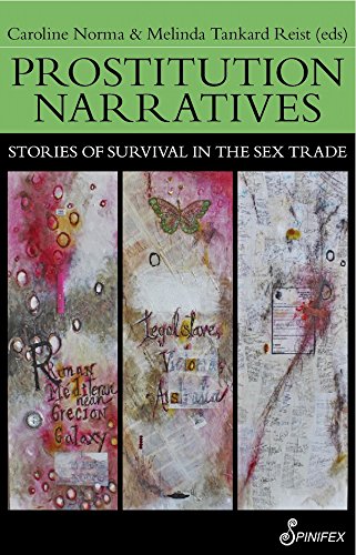 Book cover titled Prostitution Narratives with three vertical panels of abstract, textured, mixed-media artwork.