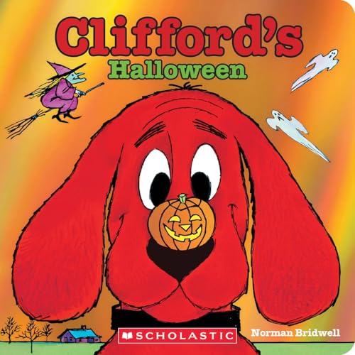 Clifford the Big Red Dog with a jack-o'-lantern on his nose.