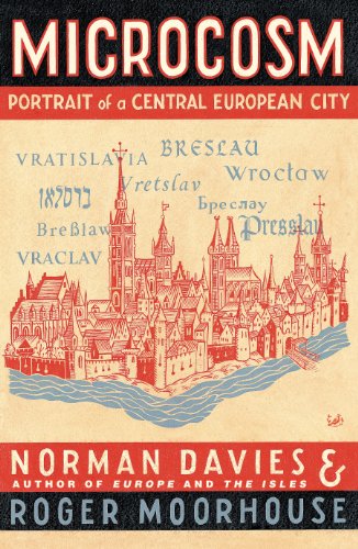 Book cover with red illustration of a city skyline and various names for Wrocław.