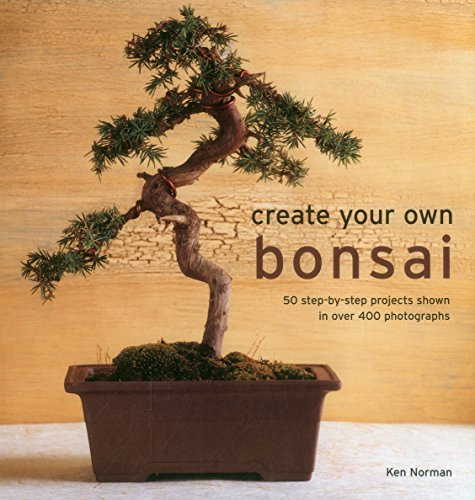 Bonsai tree in a pot, with book cover text "Create Your Own Bonsai".