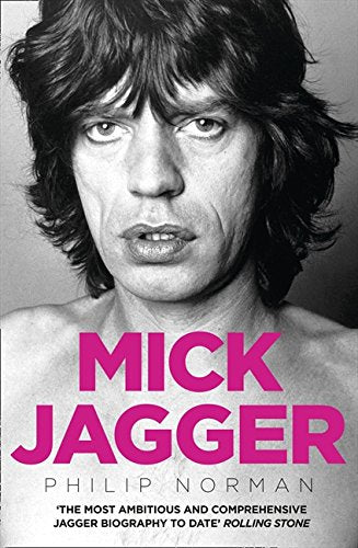 Black and white portrait of Mick Jagger with pink title text.