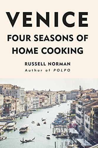 Cookbook cover with Venice canal scene and bold black text.