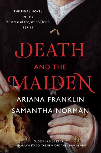 Book cover: dark background, woman’s hand holding a skull, red title text.