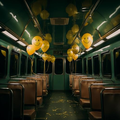 Subway car interior filled with yellow smiley face balloons.