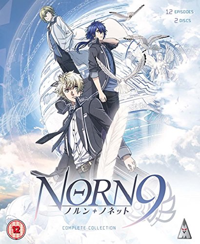 Blu-ray cover for “Norn 9” anime featuring three male characters and feathers.