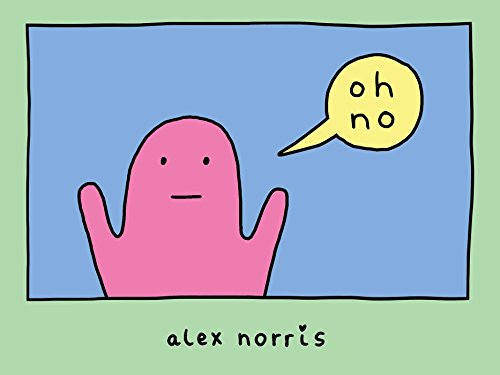 Pink cartoon creature with outstretched arms and a speech bubble saying "oh no".