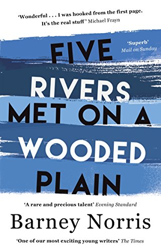 "Book cover with blue and white abstract design and title 'Five Rivers Met on a Wooded Plain'."