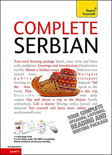 Cover of Complete Serbian language learning book and audio course with traditional Serbian footwear image.