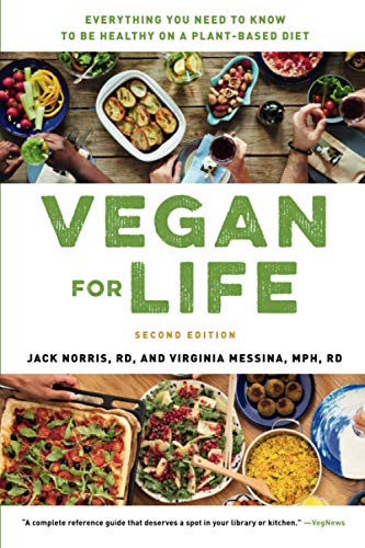 Book cover: "Vegan for Life" with colorful plant-based food imagery.
