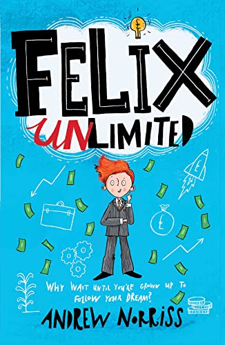 Book cover: "Felix Unlimited" with a boy in a suit and scattered icons.