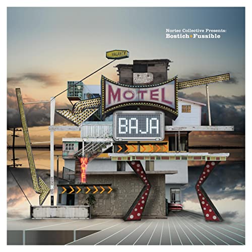 CD cover for Nortec Collective’s “Bo - Motel Baja” featuring a surreal motel image.