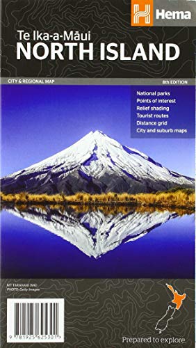 North Island New Zealand map cover featuring Mount Taranaki and a barcode.