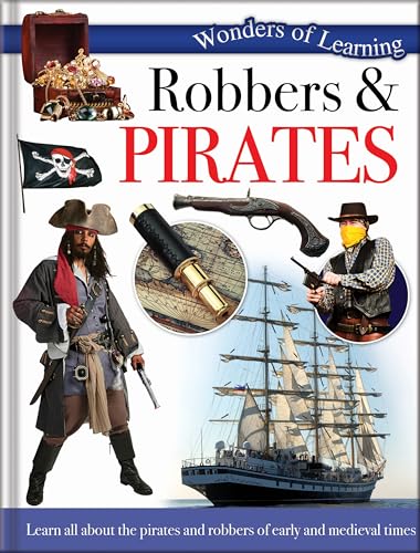 Book cover featuring a pirate, a sailing ship, a treasure chest, and historical weapons.
