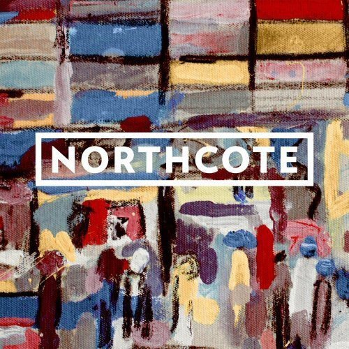The image depicts an abstract painting with the word "NORTHCOTE" superimposed over it. For accessibility purposes, a suitable alt text could be: "Abstract painting with 'NORTHCOTE' in white text on a white rectangle."