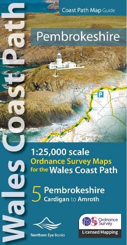 Pembrokeshire Coast Path map cover with lighthouse and detailed coastal mapping.