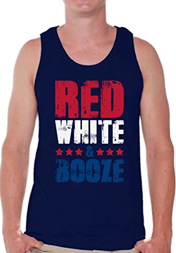 Navy tank top with red, white, and blue "Red White & Booze" text.