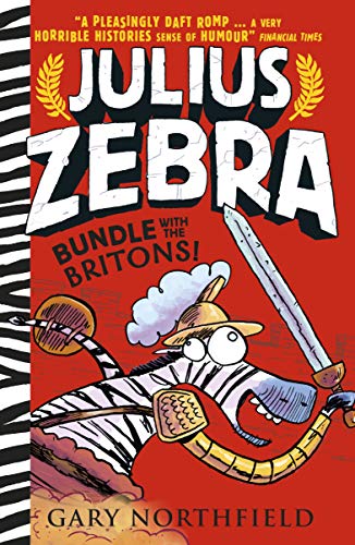 Book cover: cartoon zebra warrior with sword, red background.