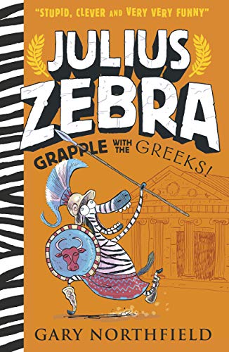 Book cover: zebra in Greek armor with a shield and spear.