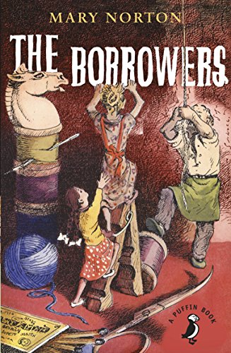 "The Borrowers" book cover featuring an illustration of people and a child amidst household items.