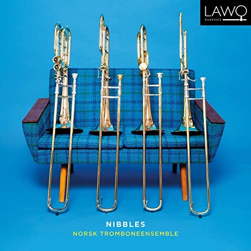 CD cover featuring brass trombones arranged as people sitting on a blue sofa.