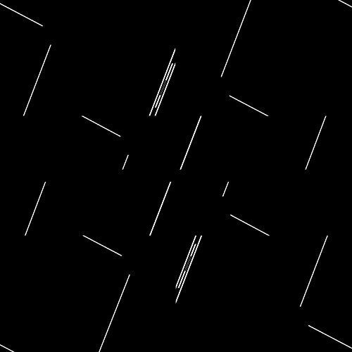 The image depicts a black background with white lines scattered across it. The lines vary in length and are positioned at different angles, creating a sense of movement and randomness. * The background is solid black, providing a stark contrast to the white lines. * The white lines are of varying lengths, ranging from short to long. * The lines are scattered across the image, with some appearing to be randomly placed while others seem to be aligned in a particular direction. * The overall effect is
