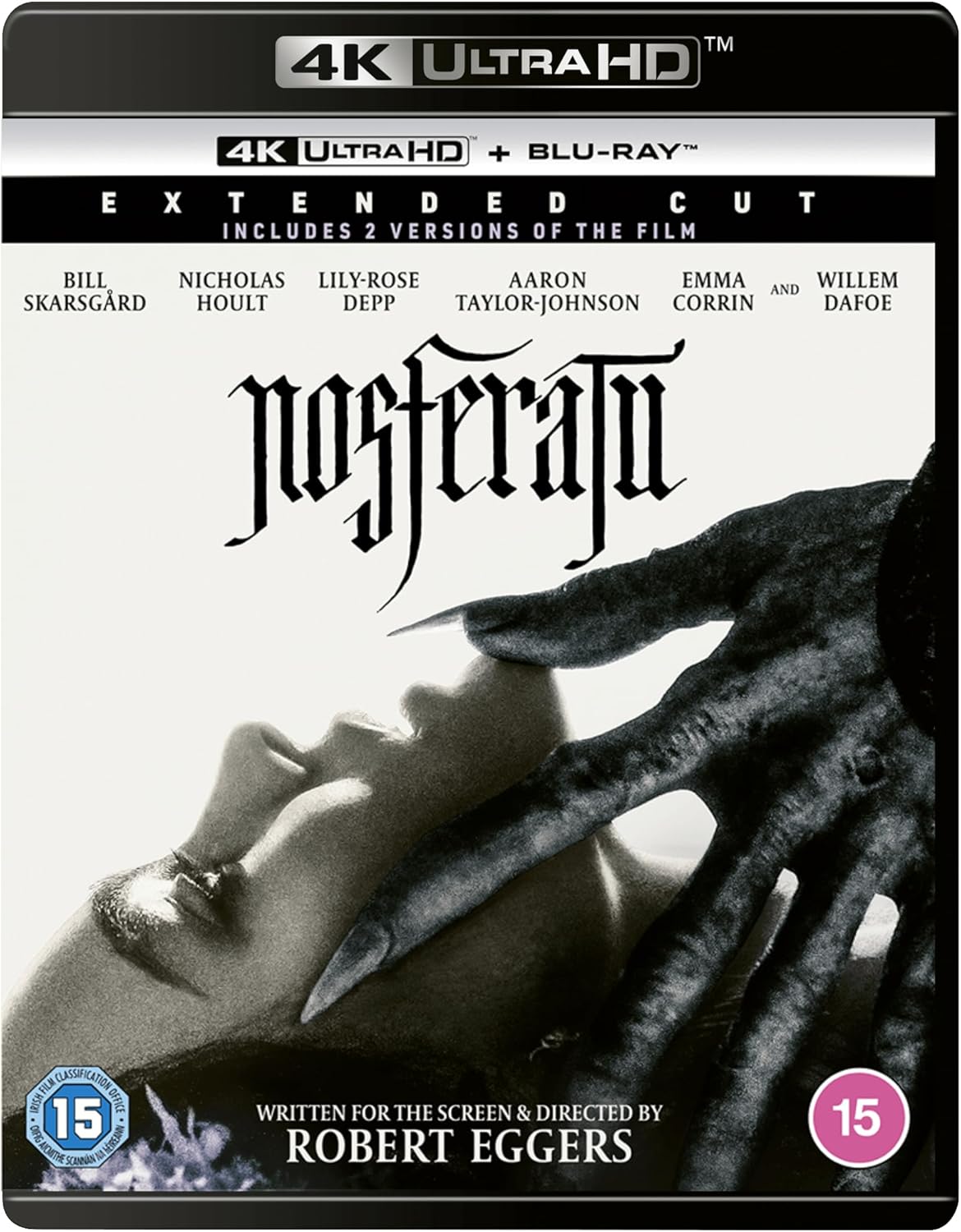 “Nosferatu” 4K UHD & Blu-ray cover featuring a pale, shadowy figure.