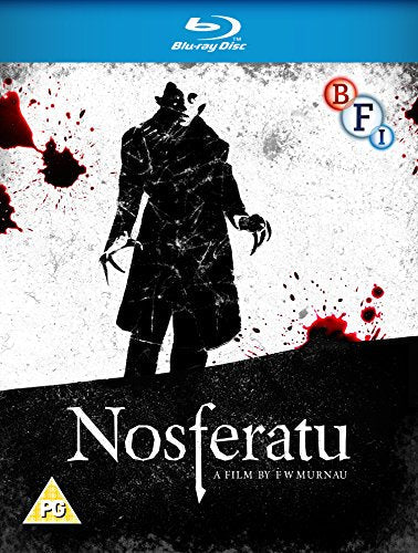 Nosferatu Blu-ray cover: Silhouette of a menacing figure with blood splatters.