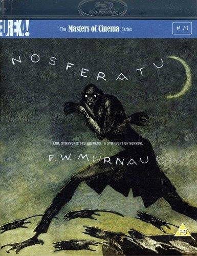 Blu-ray cover for "Nosferatu" featuring a shadowy figure and rats.