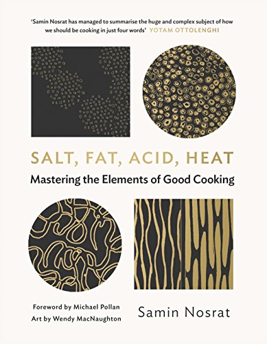Book cover for Salt, Fat, Acid, Heat by Samin Nosrat with abstract graphic illustrations.