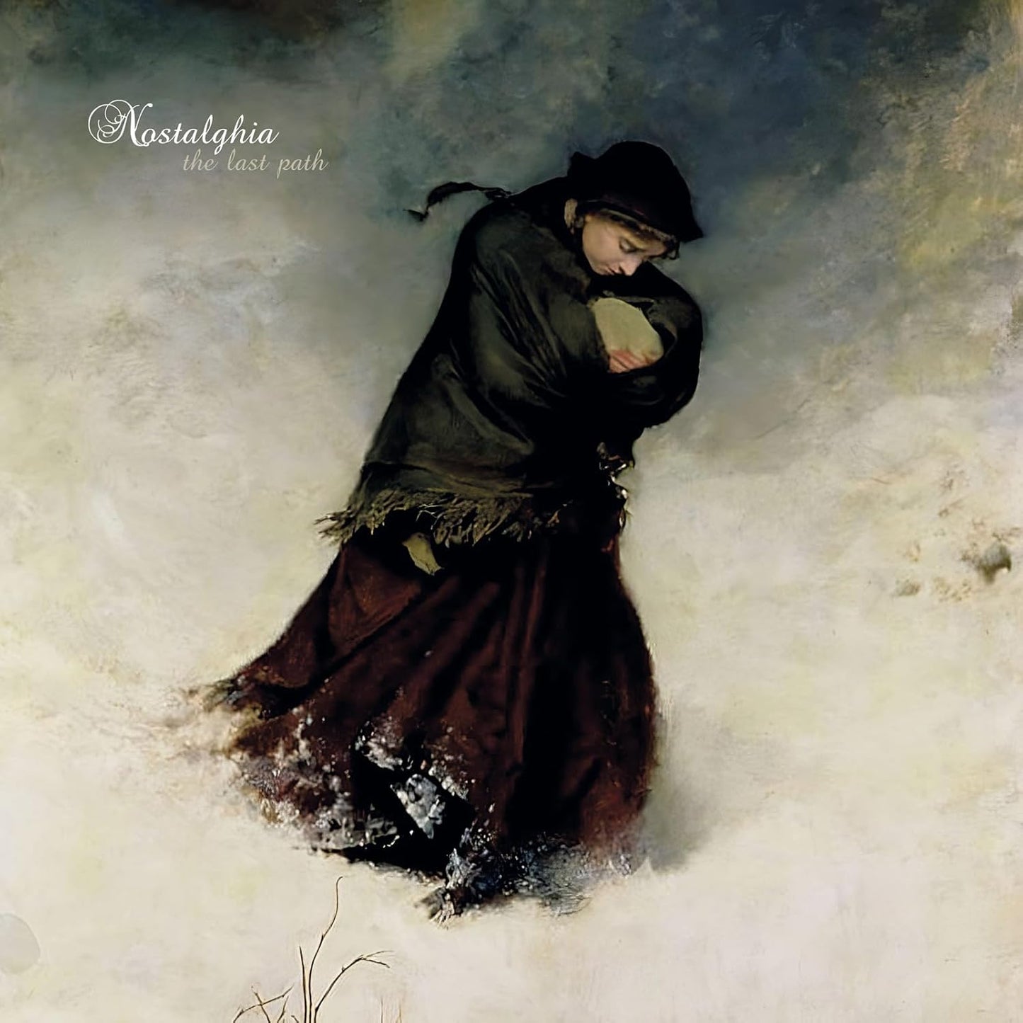 Painting of a person in dark clothing, head bowed, in a snowy landscape.